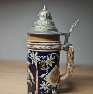 Vintage Golden Crown E&R Western Germany Beer Stein, lidded Beer Stein 9inch